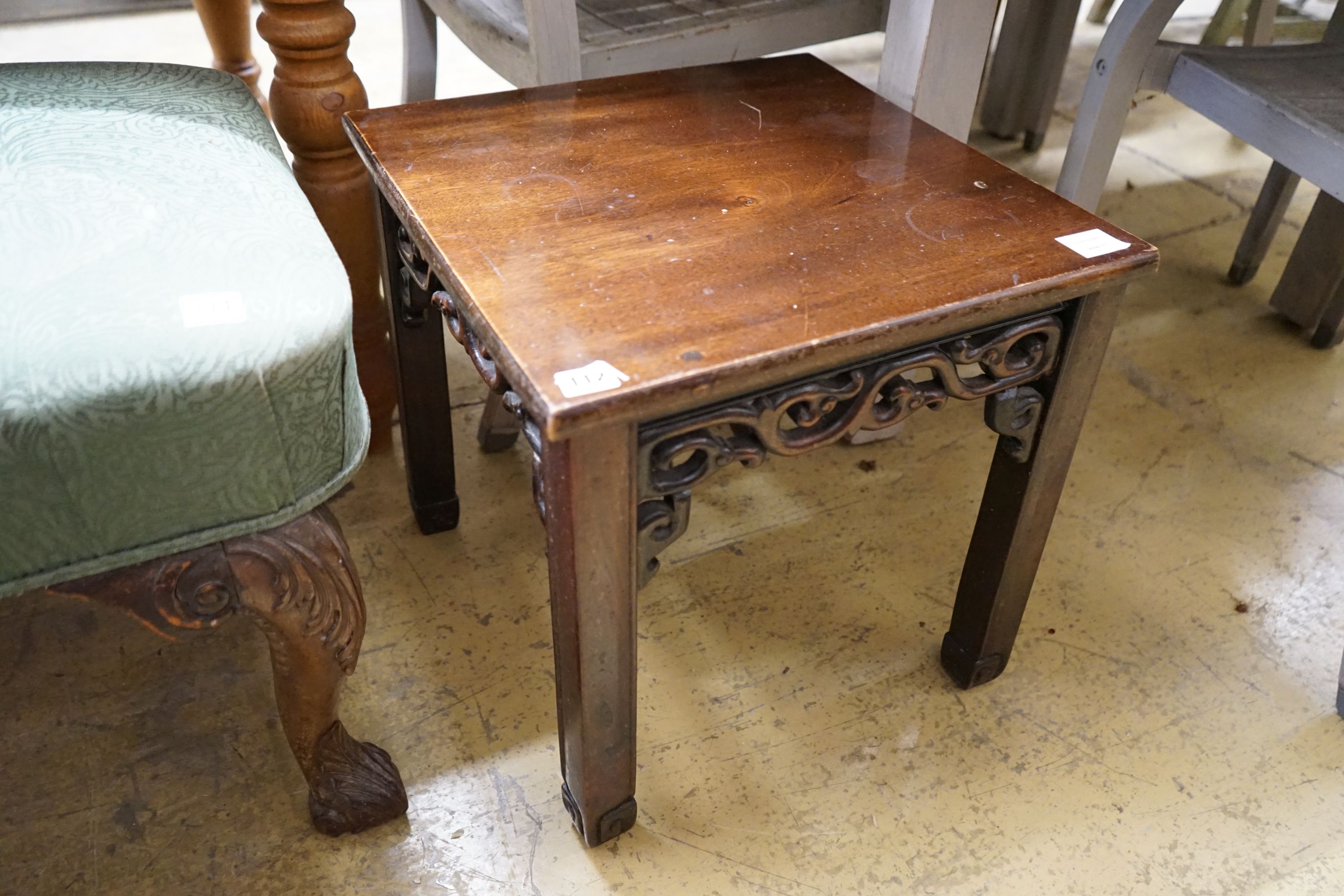 A Chinese Hongmu vase stand with later mahogany top, width 46cm, depth 45cm, height 46cm